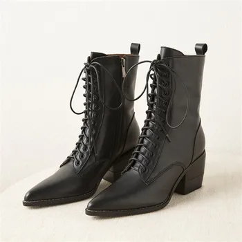 

PXELENA Women Genuine Leather Western Cowboy Boots Plus Size 34-42 Autumn Winter 2020 New Lace Up Chunky High Heels Shoes Ladies