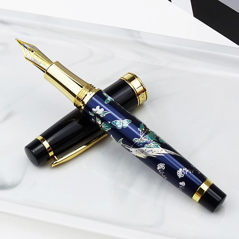 HongDian Metal Fountain Pen Hand-Drawing Blue Magpie Iridium EF/ Fine / Bent Nib Ink Pen Excellent Writing Gift Pen for Business