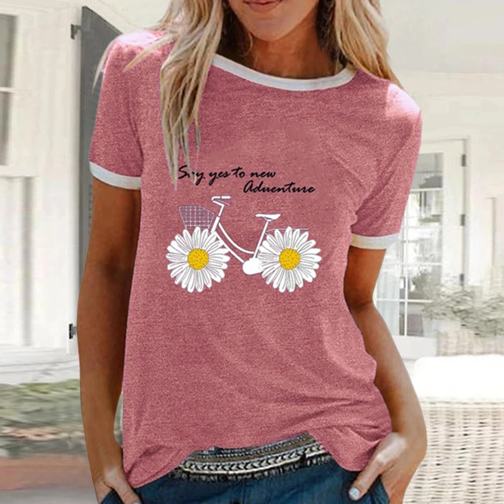 CYSINCOS Women Flower T-shirts Lady Fashion Short Sleeve Clothes Summer Shirt Top Tee O Neck Female Ladies Womens Tee T-Shirt