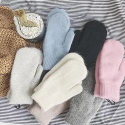 New Women Winter Keep Warm Plus Cashmere Solid Elasticity Soft Full Fingers Mittens Gloves Imitation Rabbit Fur Knitted Cute