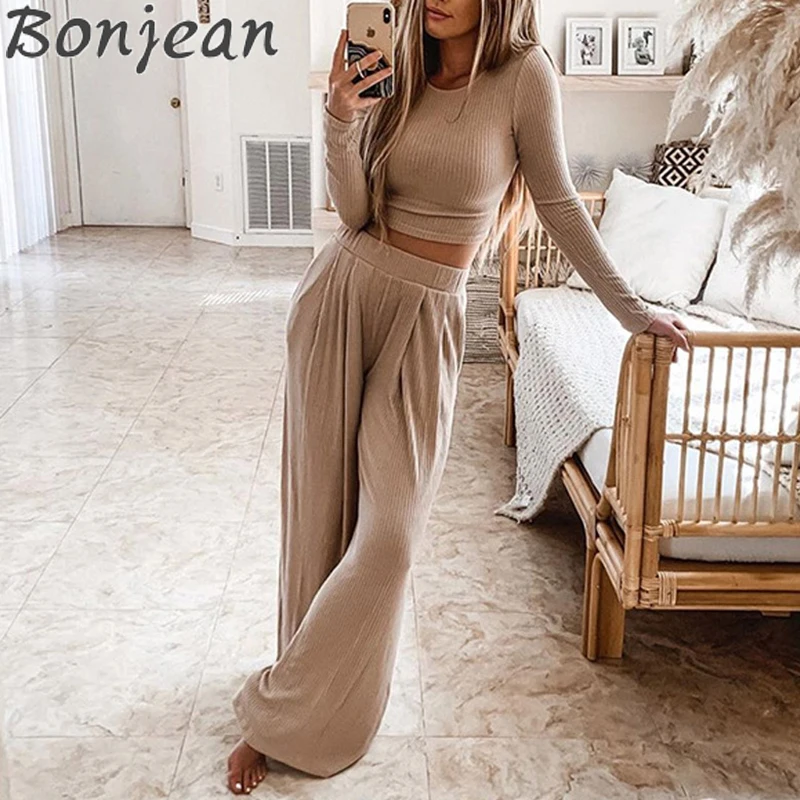 

BONJEAN Women Casual Knitted Rib Two-Piece Sets 2020 Autumn Ladies Long Sleeves Tops Trousers Elegant O-Neck Solid Leisure Suit