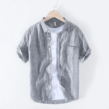 

100% Pure Linen Summer Striped Shirts For Men Short Sleeve Fashion Shirt Man Casual Turn-down Collar Tops Y2446