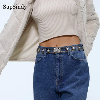

SupSindy New Woman's belt fashion Punk Hollow Metal weaving luxury Rhinestone chain Belts for women jeans&dress waistband female
