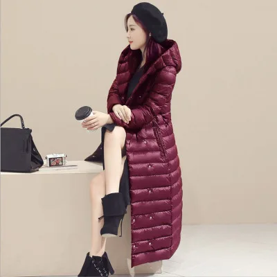 Wine red Пуховик женский тонкий светильник с капюшоном тонкий плюс размер длинный теплый пуховик Верхняя одежда Бутик Женская зимняя куртка пальто - Цвет: Wine red