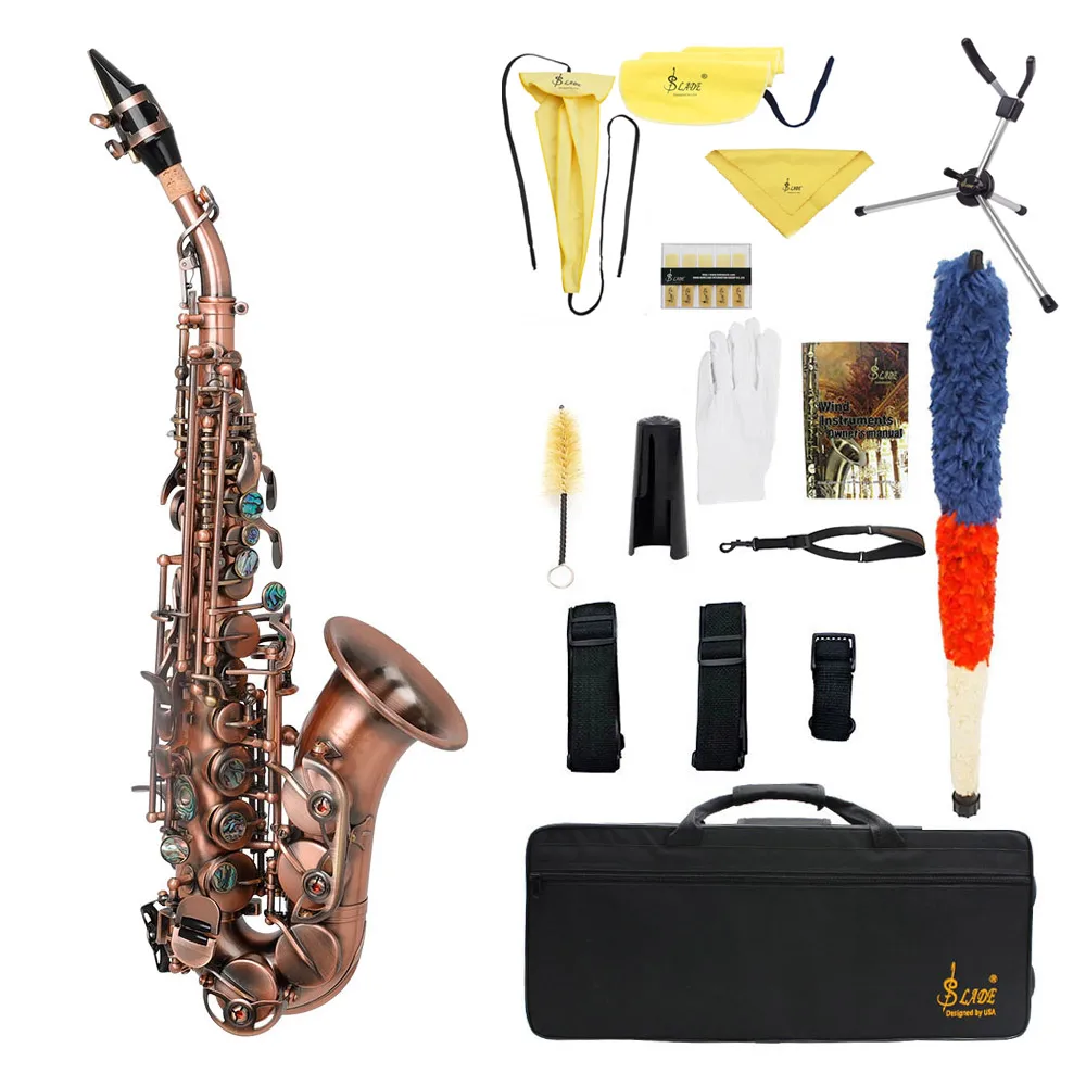 

Red Antique Soprano Saxophone Bb Key Woodwind Instrument with Case Sax Stand Reed Gloves Cleaning Cloth Brush Sax Strap Brush