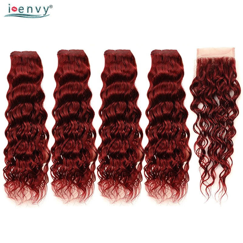 

I Envy 4 Peruvian Human Hair Bundles With Lace Closure Red Water Wave Pre Colored Bundles With Closure 99J Bundles Non Remy Hair