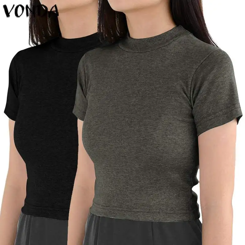 

VONDA Women Tops Casual Sexy Short Sleeve Tight Party Tops Blouse Beach 2020 Summer Vintage Solid Shirts Plus Size Blusas