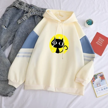 

New Hoodies Harajuku Autumn Winter Lovely Black Cat Printing Fashion Women Sweatshirts Hoody Pullover Casual Hit Color Sportwe