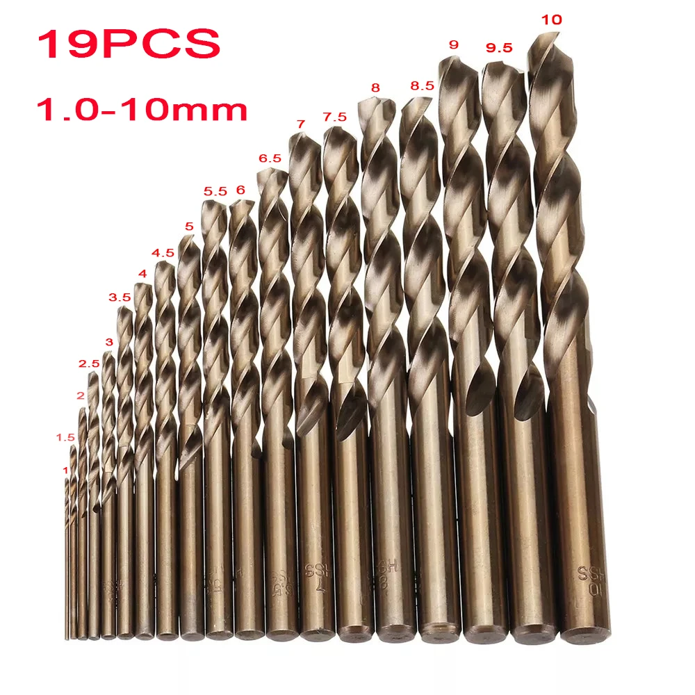 19PCS 1 10mm HSS M35 Cobalt Twist Drill Bit Set for Metal Wood Drilling