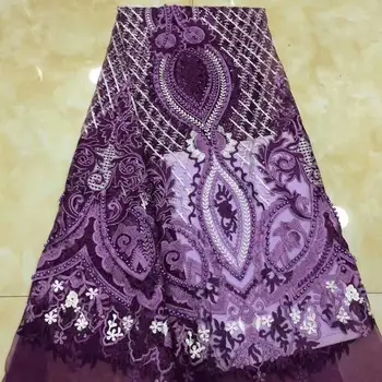 

beaded French Lace Fabric High Quality purple African Lace Fabric With Beads Lace Fabrics For Wedding FFD-1015