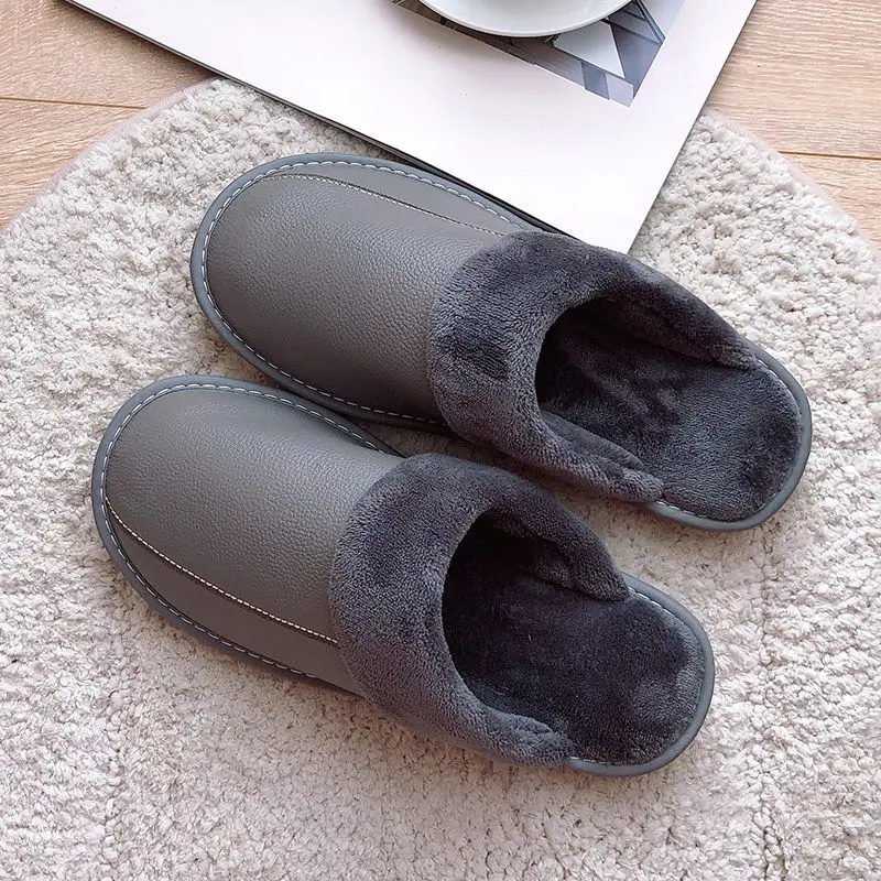 

Mens leather indoor fur flat slippers unisex home big size 11 12 genuine leather shoes male female winter slippers