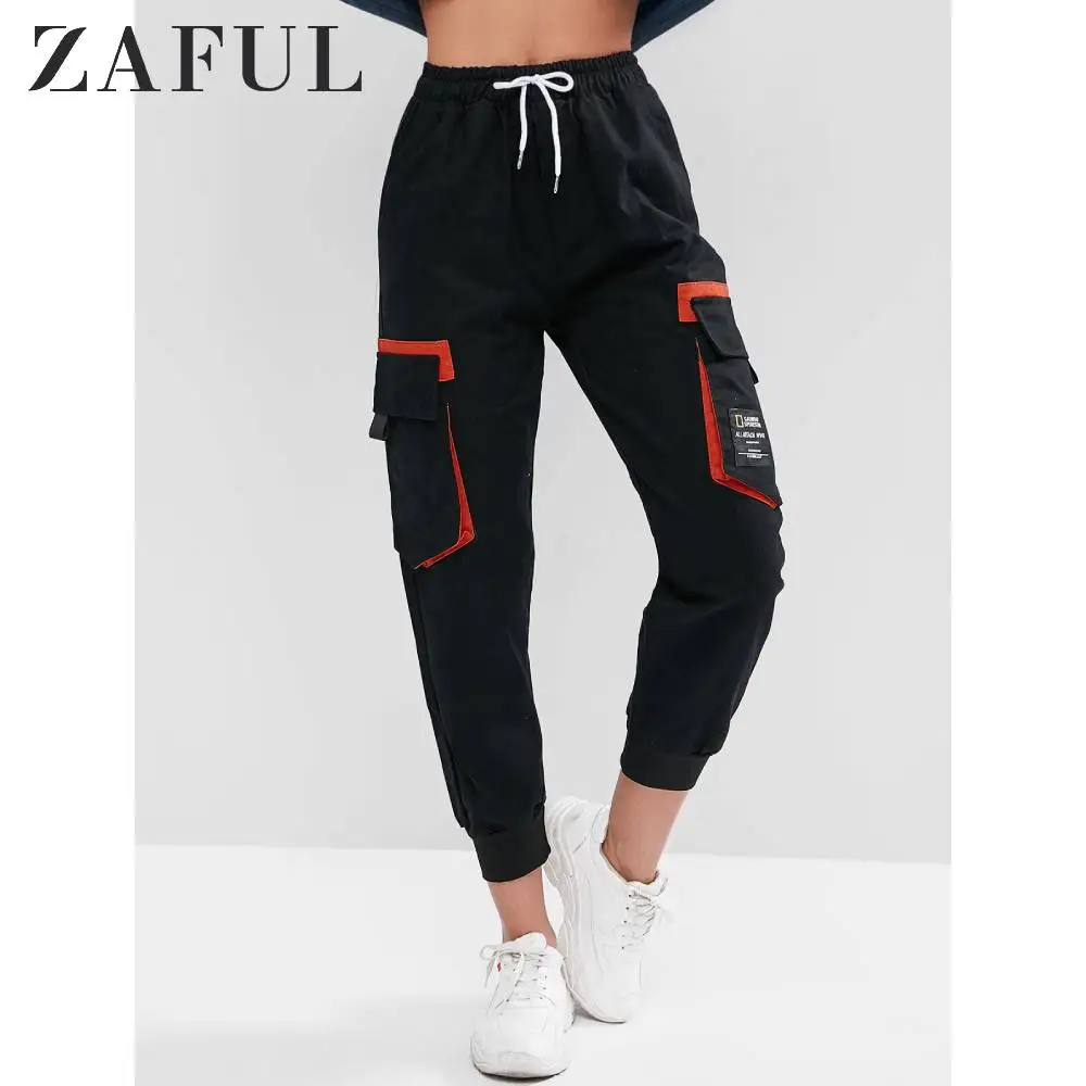 ZAFUL, горячая Распродажа, женские брюки-карго с карманами, высокая талия, шнурок, свободные, уличная одежда, штаны, мешковатые, высококачественный хип-хоп, штаны для бега