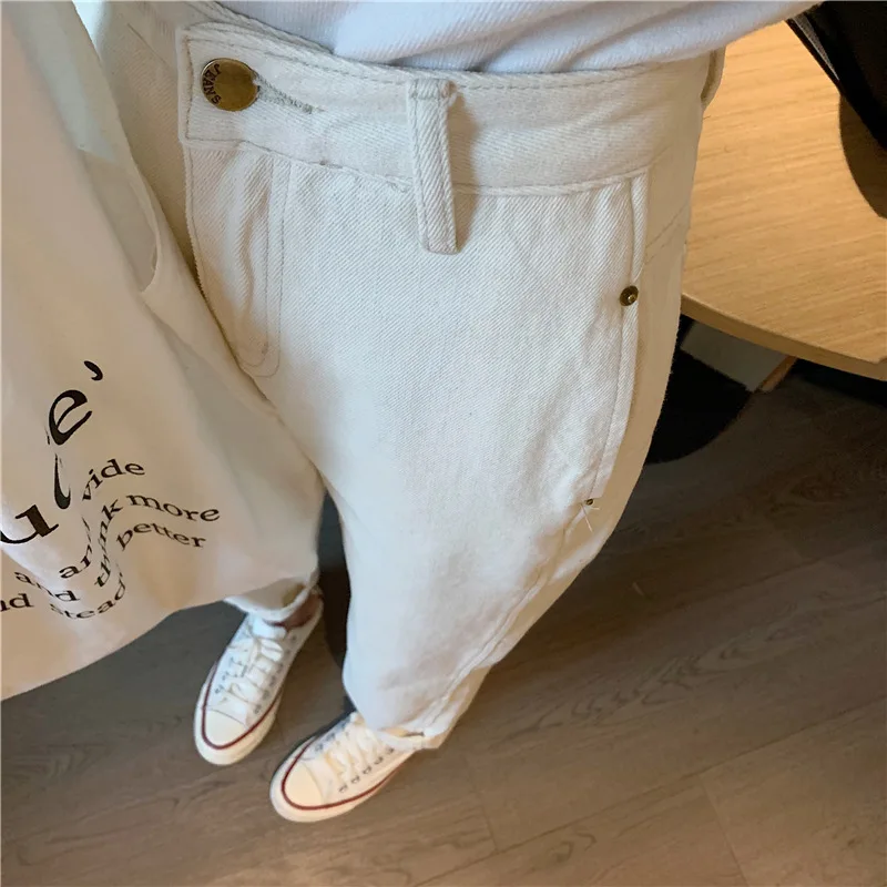 Фотосессия корейско-Стиль шик на раннюю весну Стиль Slim Fit для похудения с завышенной талией Повседневное свободные Прямые джинсы
