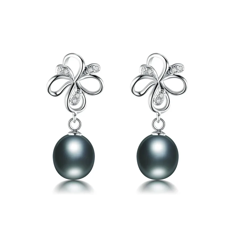black pearl earring Flower 8-9mm Genuine Natural Freshwater Pearl Drop Earrings For Women, 925 Sterling Silver Jewelry Earrings New - Цвет камня: black pearl earring