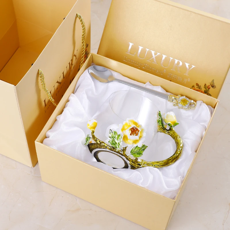 Gift boxes Эмалированная чашка для воды, Ароматизированная чайная чашка, креативная семейная, без свинца, пирекс, стекло на кружке, Хрустальная чашка, кружка для молока с крышкой, ложка - Цвет: Gift boxes
