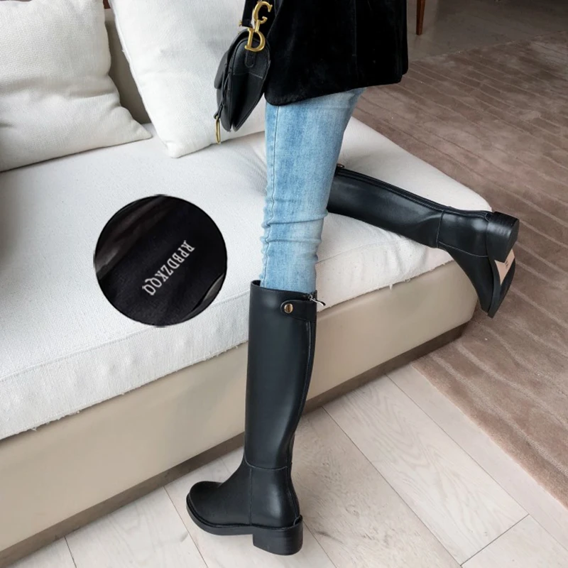 equestrian chunky trend women boots winter high heel shoes fashion round toe black autumn knee long block fur riding brown