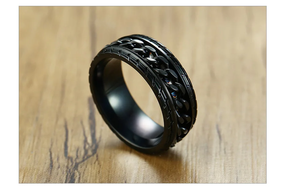 Vnox 8mm Cool Black Spinner Chain Ring for Men Tire Texture Stainless Steel Rotatable Links Punk Male Anel