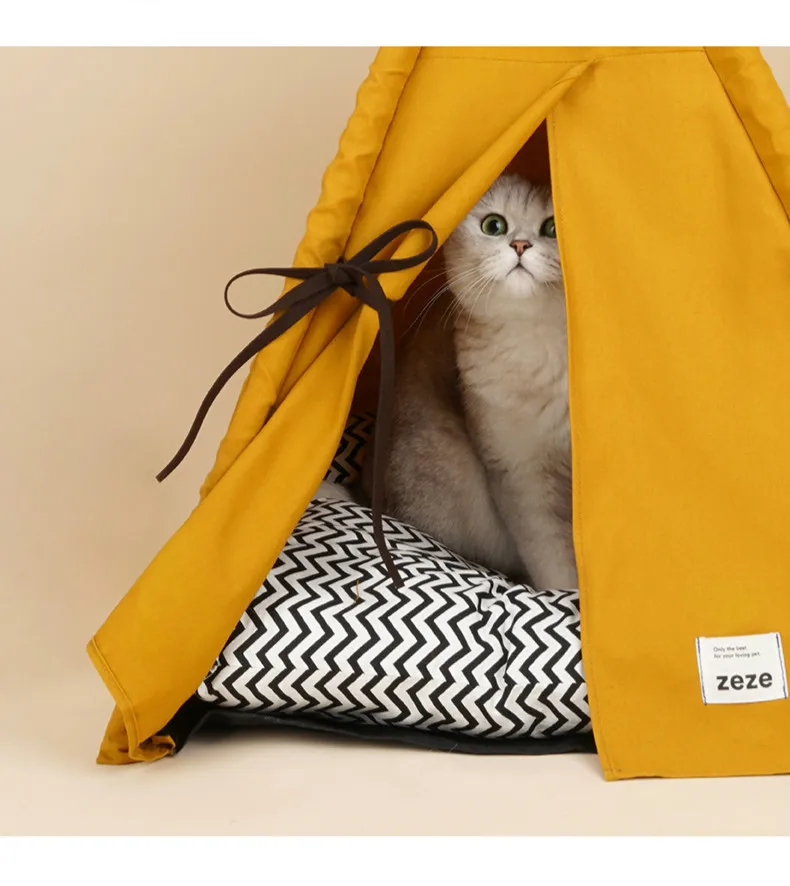 a British Shorthair cat inside a cat tent with a cushion
