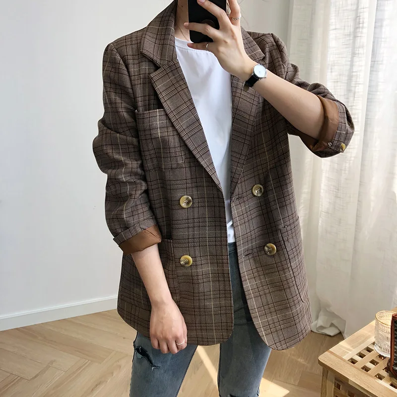 High quality women's plaid jacket 2019 autumn and winter new large pocket full sleeve women's suit jacket Female office suit