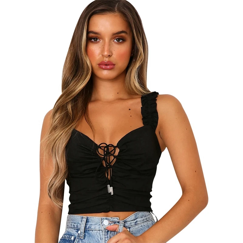 Sexy Crop Top Women Summer Tops Lace Up Tank Top T Shirt Backless Bandage Ruffles Short Women Clothes