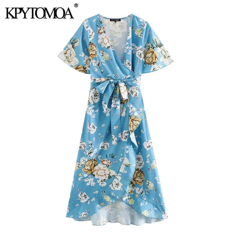 KPYTOMOA Women 2020 Chic Fashion Floral Print Ruffled Wrap Midi Dress Vintage Short Sleeve With Belt Female Dresses Vestidos KPYTOMOA Women 2020 Chic Fashion Floral Print Ruffled Wrap Midi Dress Vintage Short Sleeve With Belt Female Dresses Vestidos