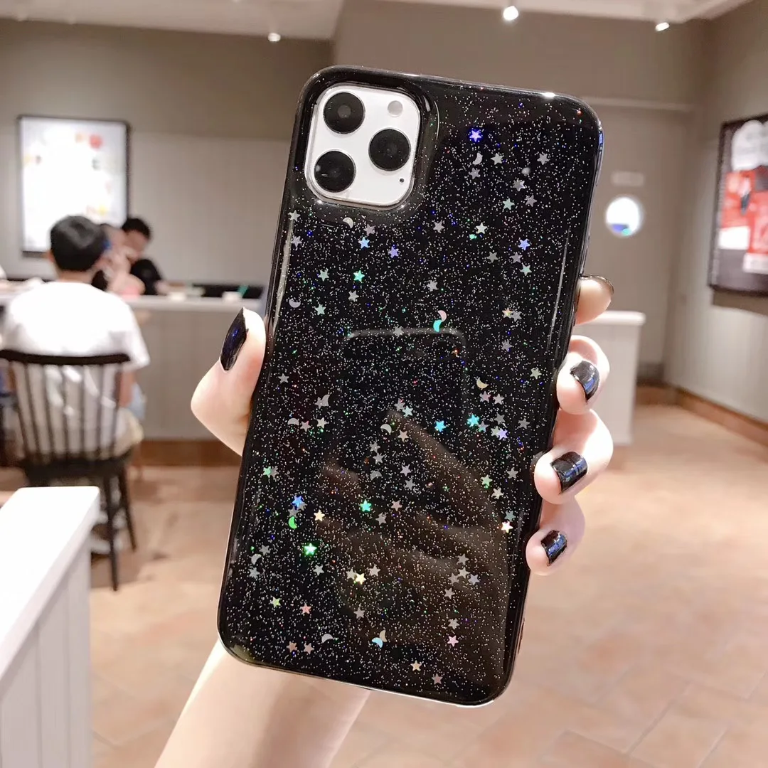 Чехол сверкающий с блестками для iPhone 11 Pro 10 X XS XR Max 6 6s 7 8 Plus SE 5S 5 звезда Луна Блестящие Блестки мягкий прозрачный эпоксидный ТПУ чехол - Цвет: Черный
