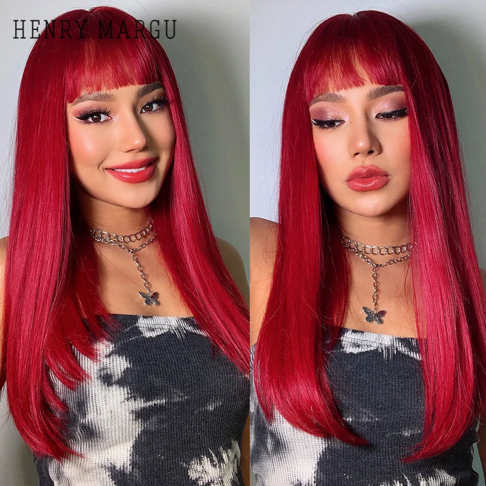 HENRY MARGU Wine Red Ombre Cosplay Synthetic Wigs Long Straight Wig with Bangs for Women Lolita Christmas Party Heat Resistant