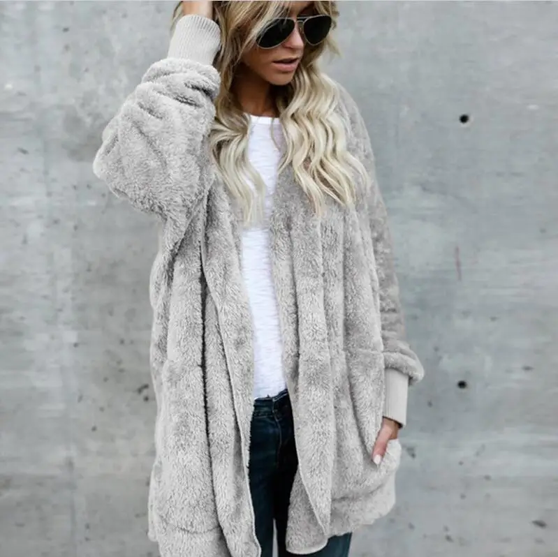 Пальто с искусственным мехом Для женщин осень-зима теплый мягкий молния Меховая куртка Женская Плюшевые пальто карман Повседневное плюшевая верхняя одежда с капюшоном - Цвет: Серый