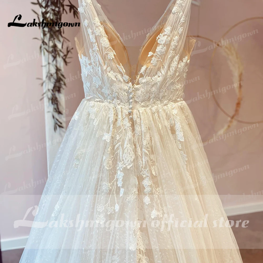 Lakshmigown Champagne V Neck Lace Appliques Wedding Dress Customized Shiny Tulle Vestidos Garden A Line Backless Bridal Gowns 5