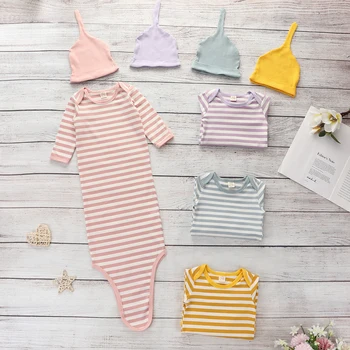 

2Pcs Set Newborn Baby Sleeping Bags Swaddle Wrap Long Sleeve Striped Cotton Casual Blanket Swaddling Blanket Hats Outfits Set