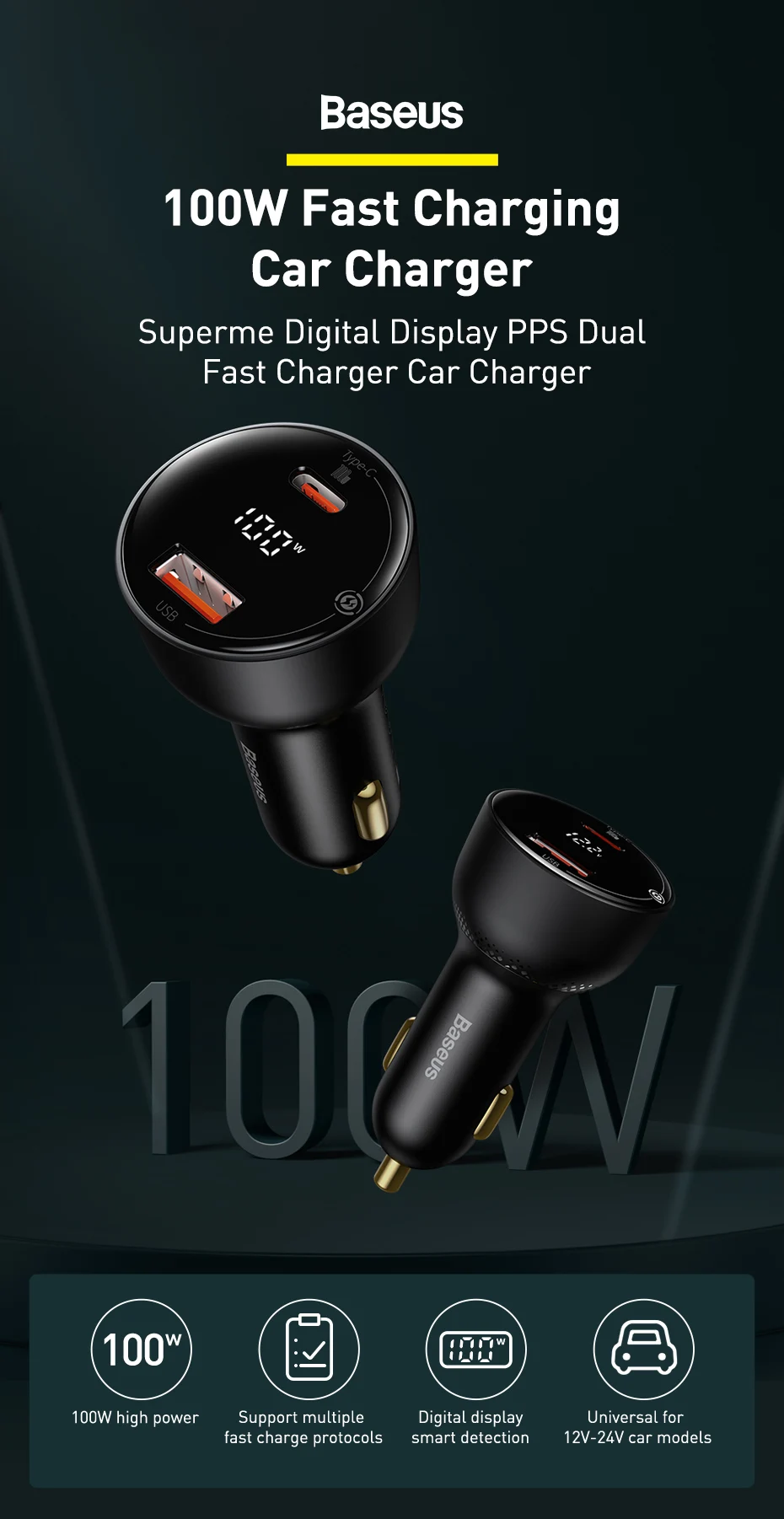 Baseus PD 100W Car Charger Quick Charge QC4.0 QC3.0 PD 3.0 Fast Charging For iPhone 12 Pro Max Samsung XiaoMi Car Phone Charger type c car charger