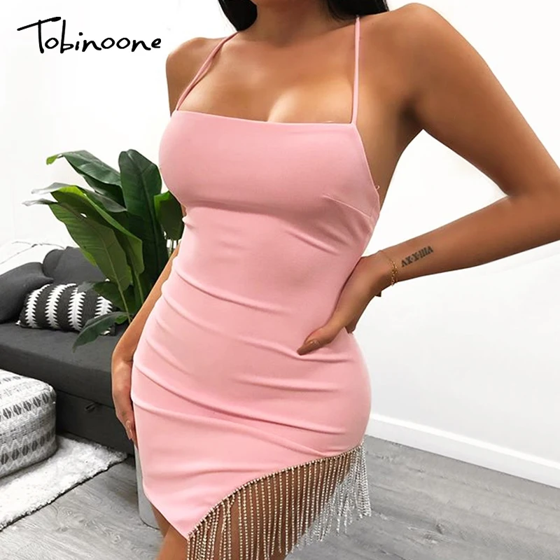 Online Tobinoone cadenas vestido Sexy mujer otoño 2019 Spaghetti Strapes sin mangas ahueca hacia fuera blanco Mini vestidos para fiesta Club vestido de verano