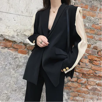 

LANMREM Black Single Buckle Stitching Contrast Chiffon Long Sleeve Blazer Femme Casual Simple Fashion 2020 Spring Coat New TV826