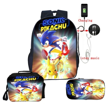 

3pcs Set Cartoon Sonic Backpack Boys Girls School Bag for Children Bookbag Usb Charging Knapsack