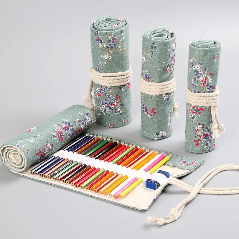 Japanese style elegant canvas pen curtain School Stationary Pen Brush Bag marking pen bag National Embroidery Pencils Pouch Bag