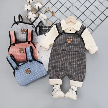 

Autumn Winter Newborn Baby Boys Clothes Sets T-shirt+Grid Bear Pants Suit Baby Girls Plus Velvet Sports Suit Kids Clothing Sets