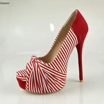 

Olomm Women Platform Striped Pumps Stiletto Heels Pumps Butterfly Knot Peep Toe Pretty Red Party Shoes Women Plus US Size 5-15