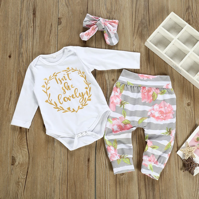 

Baby Girl Clothes Set Autumn New Letter Long Sleeve Romper+Floral Pants+Headband 3pcs Outfits Toddler Infant Clothing