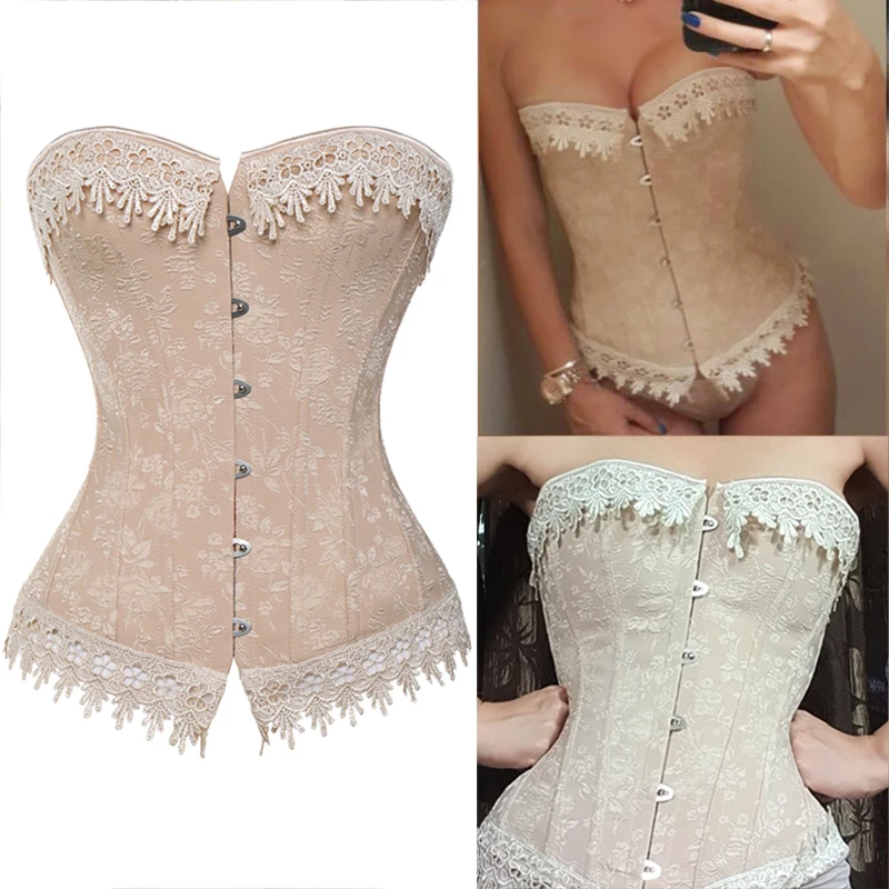 Cena Zasznurować gorsety gorsety Overbust gorset waist trainer haft Sexy bez kości biały beż gorset stroje z burleski Corselet Halloween