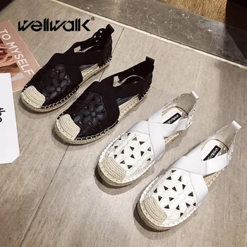 

Women round toe flat shoes espadrilles slip on perforated embroidered embroidery crossing elastic bands breathable jute outsole