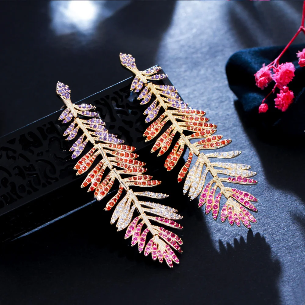 CWWZircons Luxury Multicolor Cubic Zirconia Long Drop Dangle Big Feather Earrings for Women Statement Wedding Jewelry CZ939