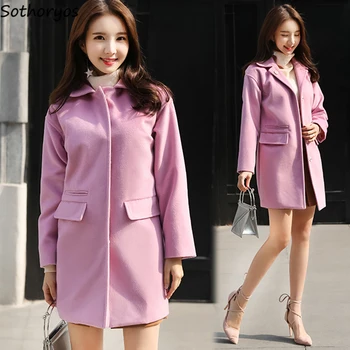 

Blends Women 2020 Woolen Solid Simple All-match Covered Button Korean Style Coats Womens Straight Pockets Kawaii Warm Blend