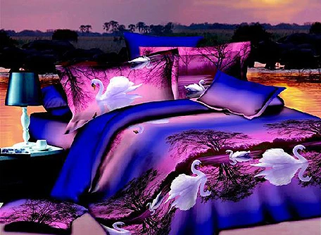 

4 Pcs Purple Bedding Sets Duvet Cover Sets White Swan On Swan Lake Print Bed Sheet Quilt Cover Pillowcase