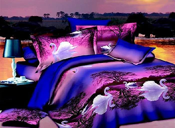 

4 Pcs Purple Bedding Sets Duvet Cover Sets White Swan On Swan Lake Print Bed Sheet Quilt Cover Pillowcase