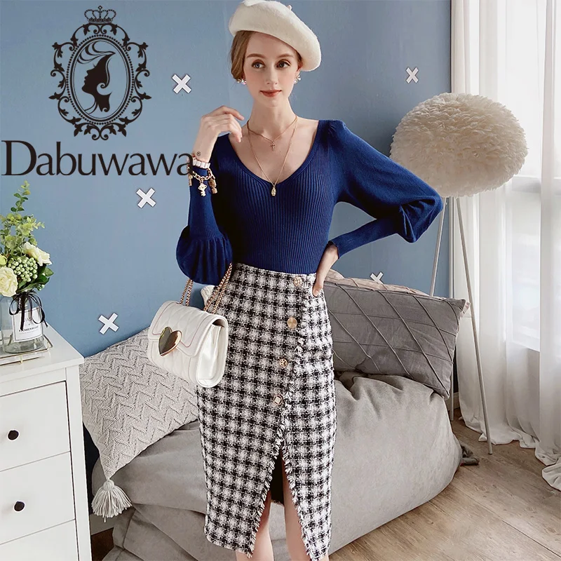 

Dabuwawa Elegant Asymmetrical Split Plaid Skirts Women Autumn Winter Sexy Button Frayed Edge High Waist Skirt Ladies DT1CSK005