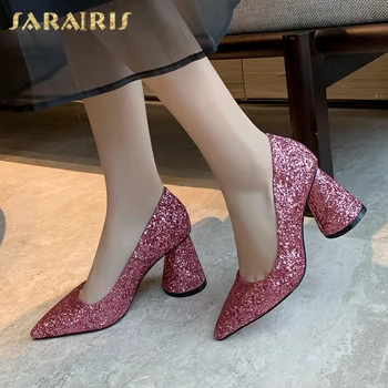

Sarairis Hot Sale 2020 High Heels Sequined Cloth Bling Shoes Woman Pumps Pointed Toe Slip-On Party Pumps Women Shoes