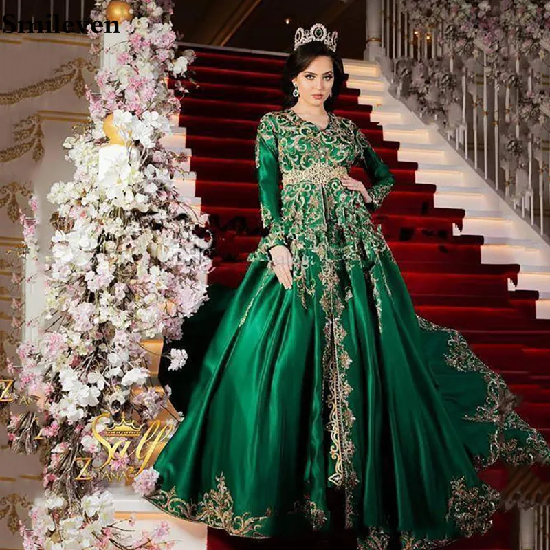 

Smileven Caftan Satin Formal Evening Gowns With Long Sleeve A Line Gold Lace Special Occasion Prom Gown Vestido de fiesta