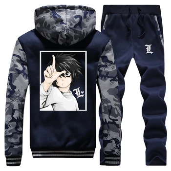 

Japanese Anime Death Note 2019 Winter Hooded Mens Streetwear Hip Hop Raglan Camouflage Coat Thick Suit Hoodie+Pants 2 Piece Set