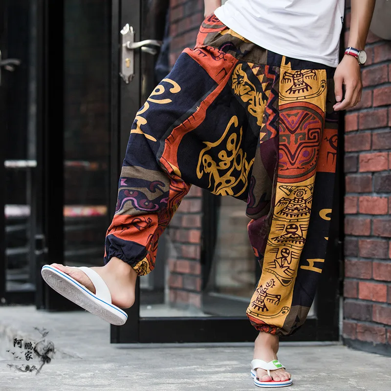 Sale Summer Casual Linen Shorts Men Print Trousers Male Vintage Hip Hop Fashion Flowers Print Straight Short Beach Mens Short