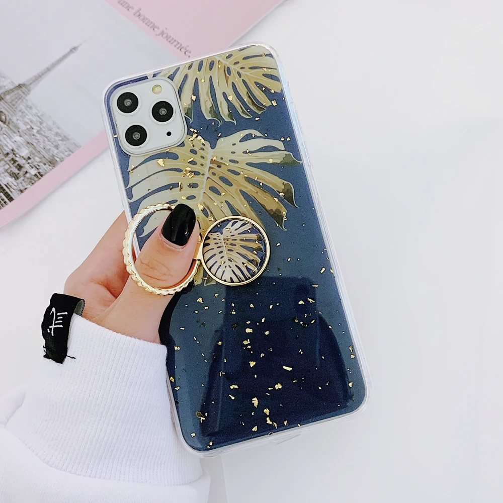

Luxury Banana Leaf Phone Case For iPhone 12 Mini 11 Pro Max XR XS Max 7 8 Plus Finger Ring Powder Soft Epoxy Back Cover
